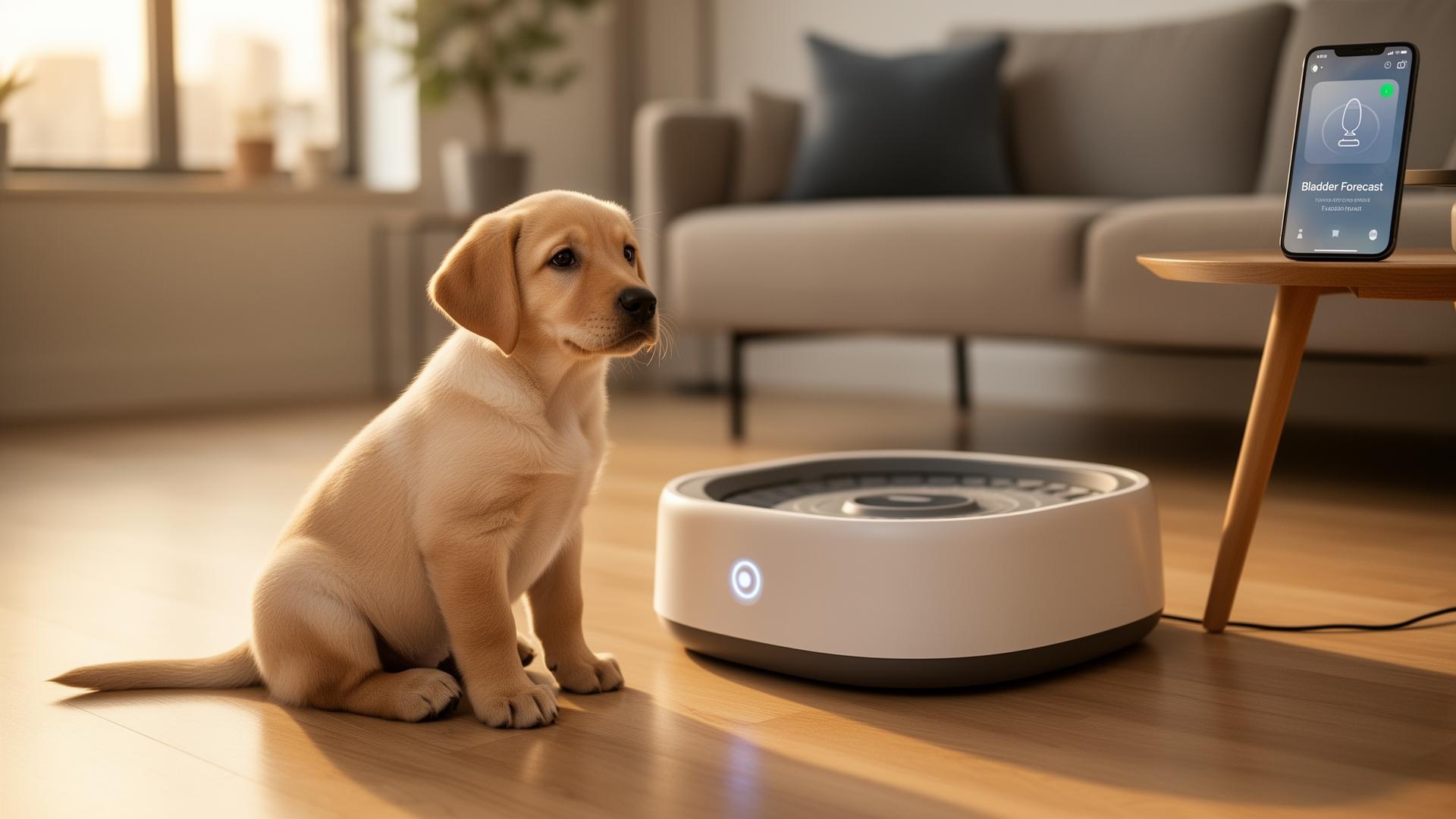 A young Labrador puppy sits beside a sleek modern indoor smart dog toilet while a smartphone shows a Bladder Forecast alert