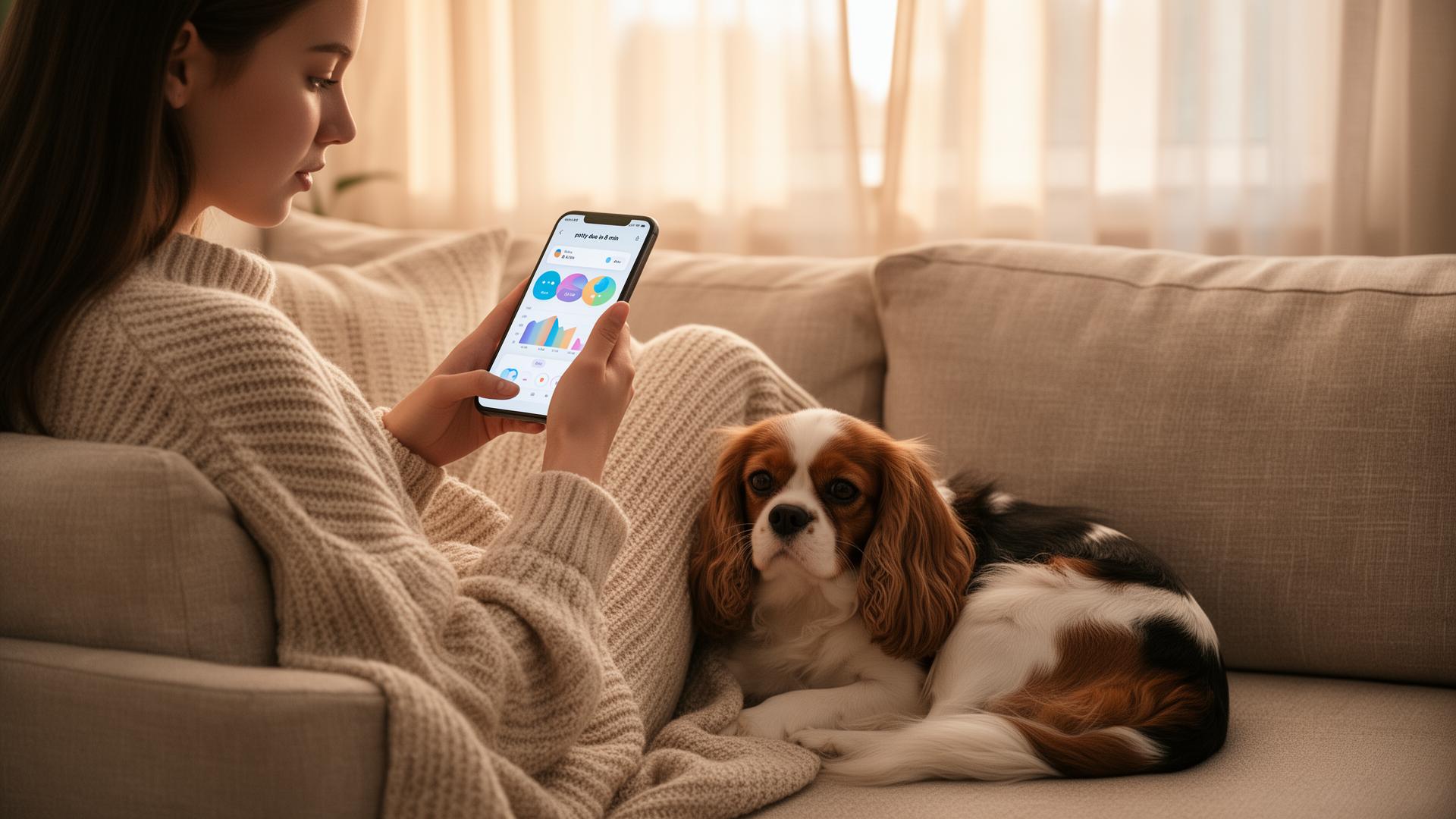 A young woman on a sofa checks a colorful training-app dashboard while her tricolor Cavalier puppy curls up beside her