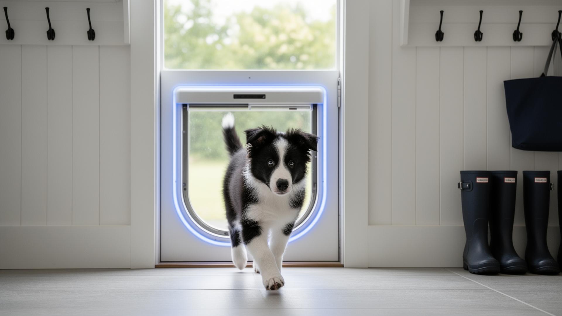 A young border collie puppy walks through a smart pet door with a blue LED ring in a bright modern mudroom