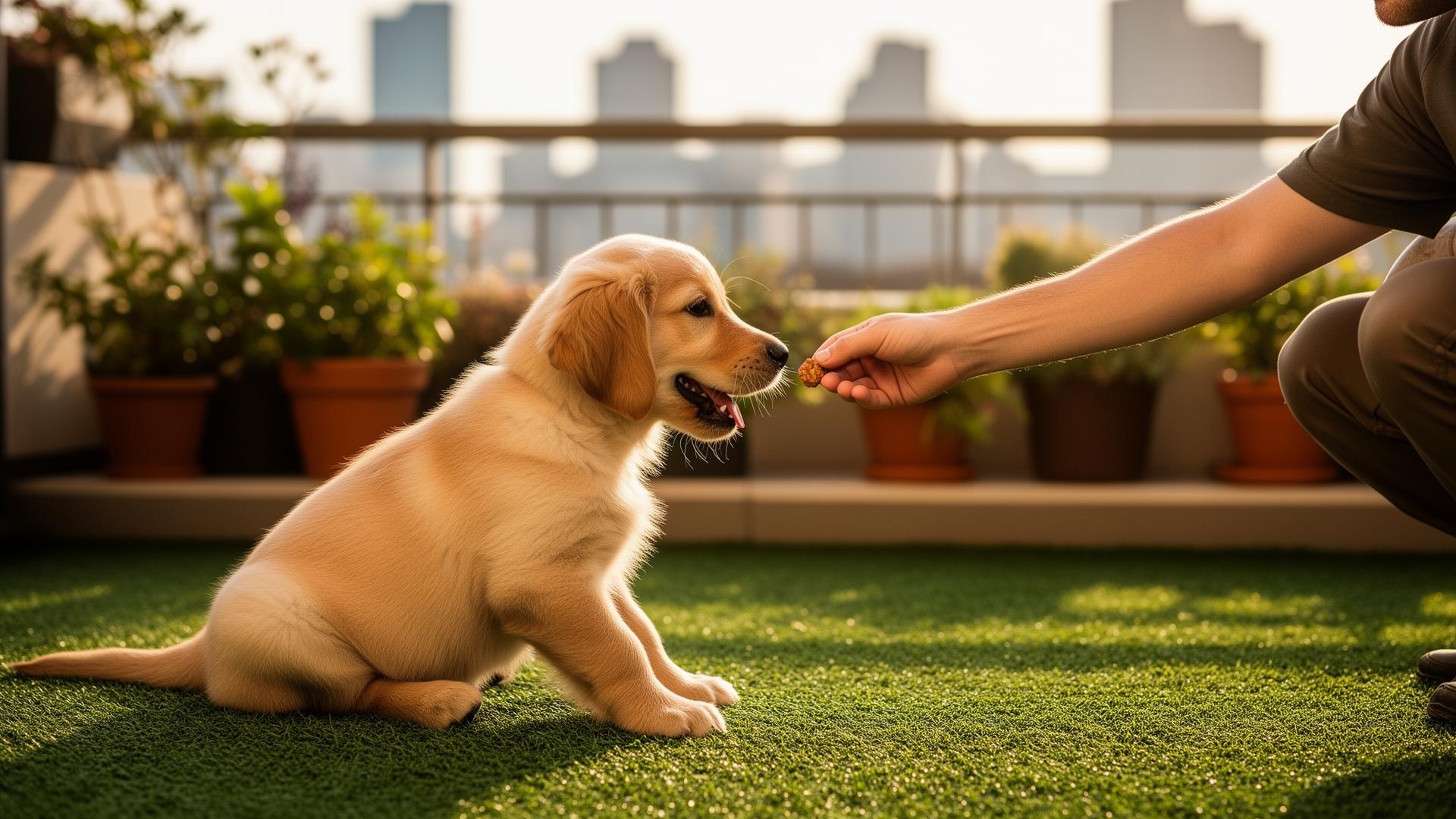 A kneeling adult hand offers a small training treat to a happy golden retriever puppy on a patch of artificial grass on a sunlit city balcony