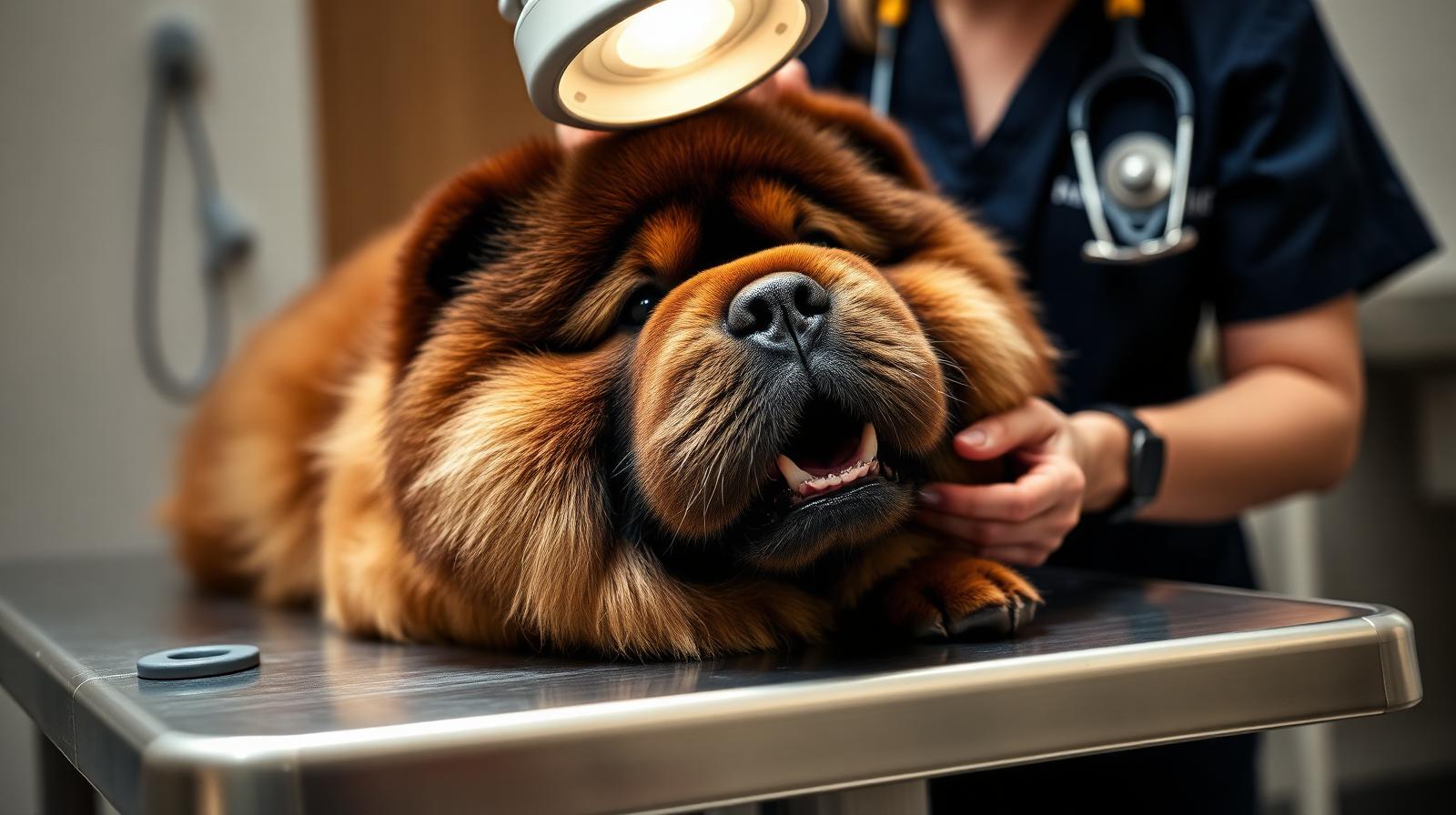 Veterinarian examining the gums and oral cavity of a Chow Chow under an examination lamp