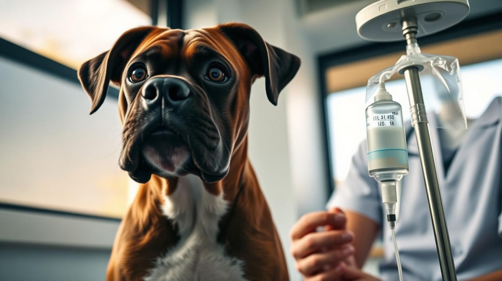 Brindle Boxer dog sitting calmly beside a veterinary technician during an IV immunotherapy infusion