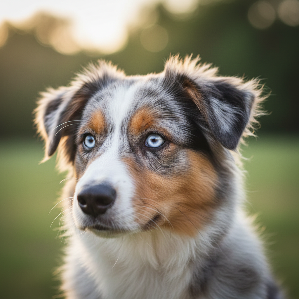 Australian Shepherd puppy showing whale-eye, a subtle sign of stress or discomfort.