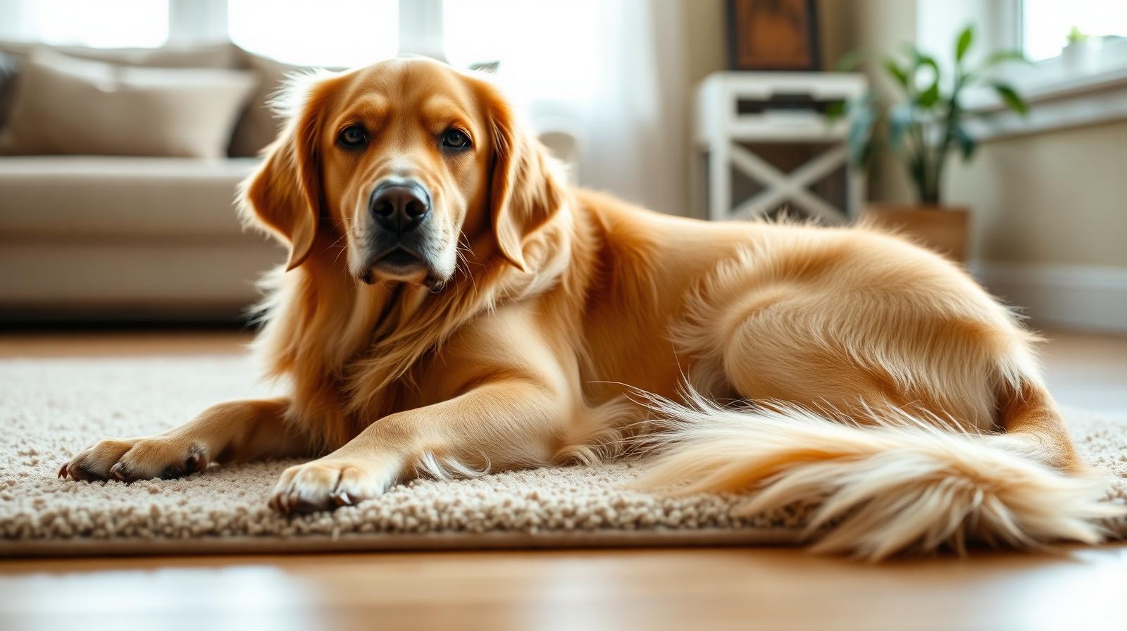 Senior golden retriever resting on a rug at home, showing slight hind-leg stiffness typical of canine osteoarthritis