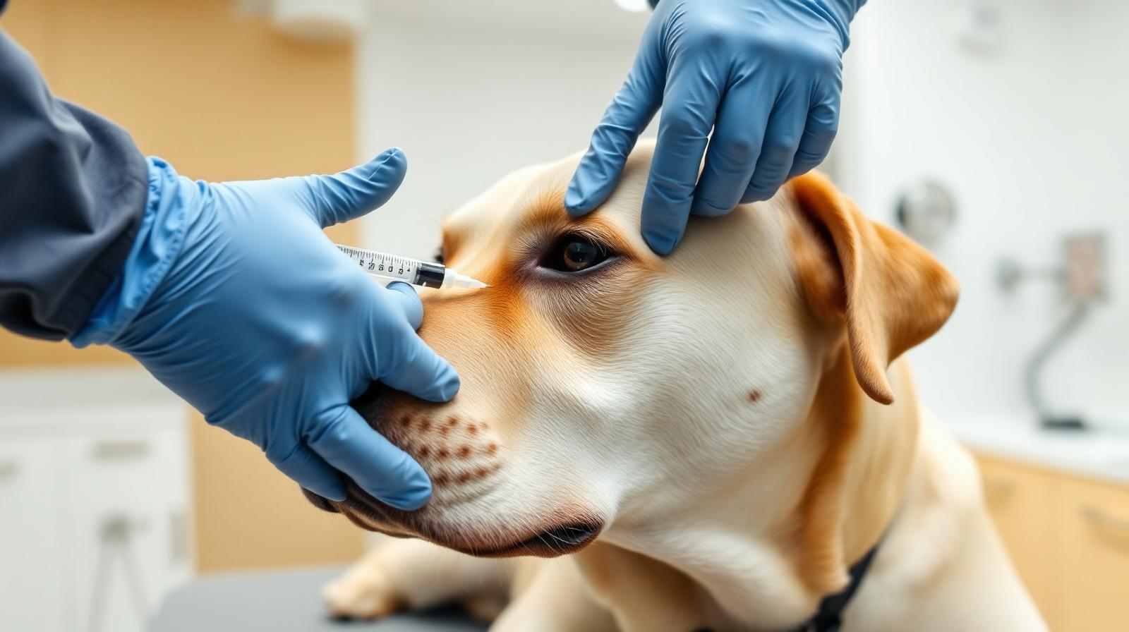 Veterinarian's gloved hands giving a small subcutaneous injection of an anti-NGF monoclonal antibody to a calm Labrador on a clinic exam table