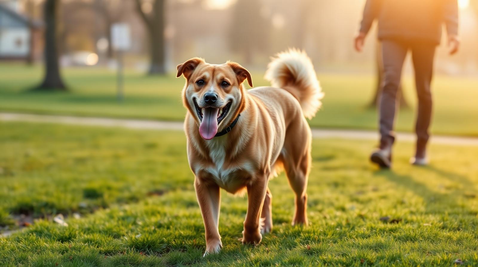 Large mixed-breed dog walking happily on a grass park path with its owner at golden hour, showing a healthy gait