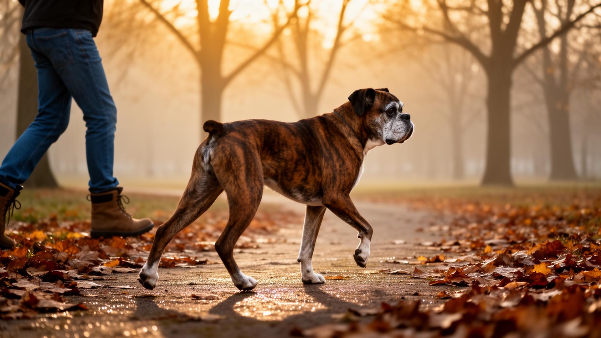 Older brindle Boxer walking confidently beside its owner on a misty autumn park path