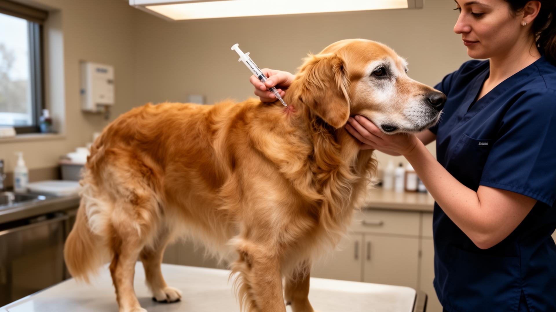 Veterinarian giving a monthly subcutaneous bedinvetmab injection to a calm senior Golden Retriever on an exam table