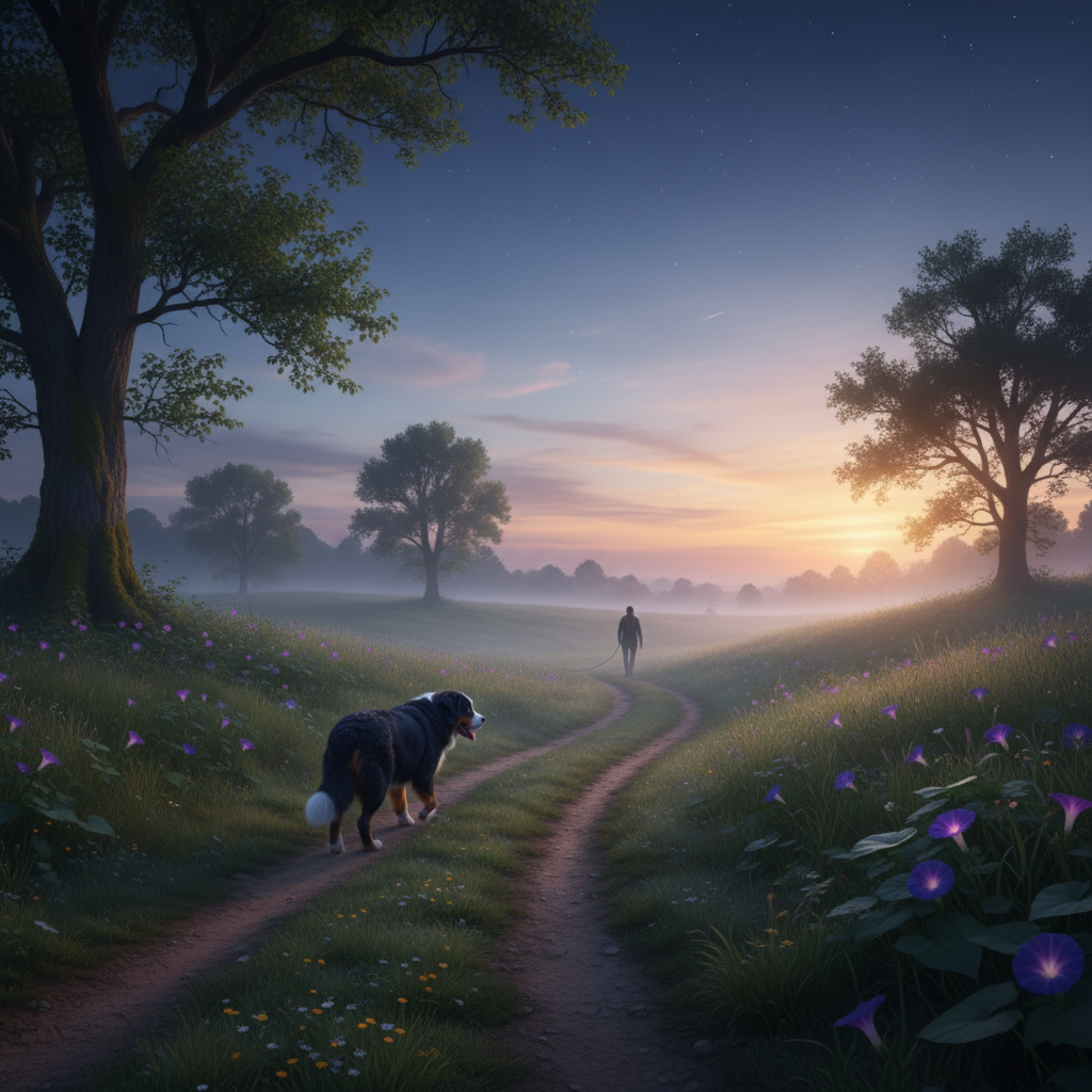 A Bernese Mountain Dog on a quiet pre-dawn walk to avoid summer heat.