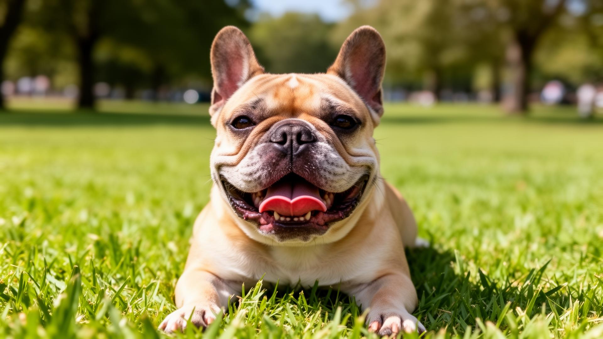 Fawn French Bulldog with a flat face panting on a sunny park lawn