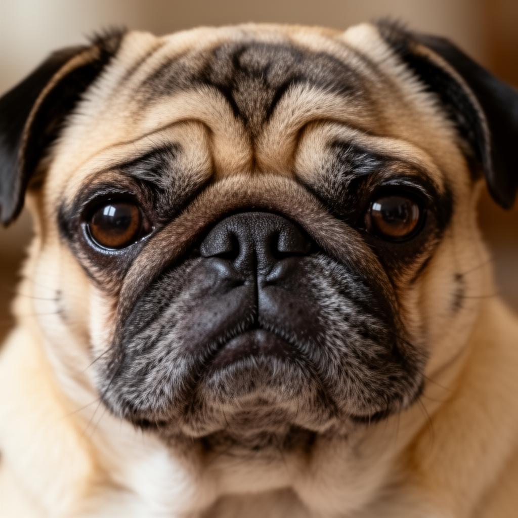 Close-up portrait of a fawn pug showing a very flat muzzle and pinched nostrils