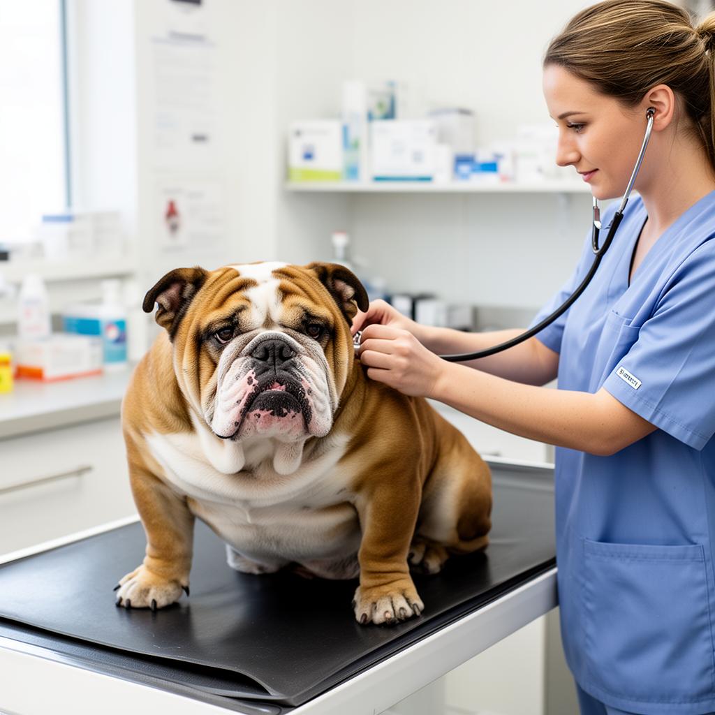 Veterinarian using a stethoscope to examine an English Bulldog on a clinic exam table