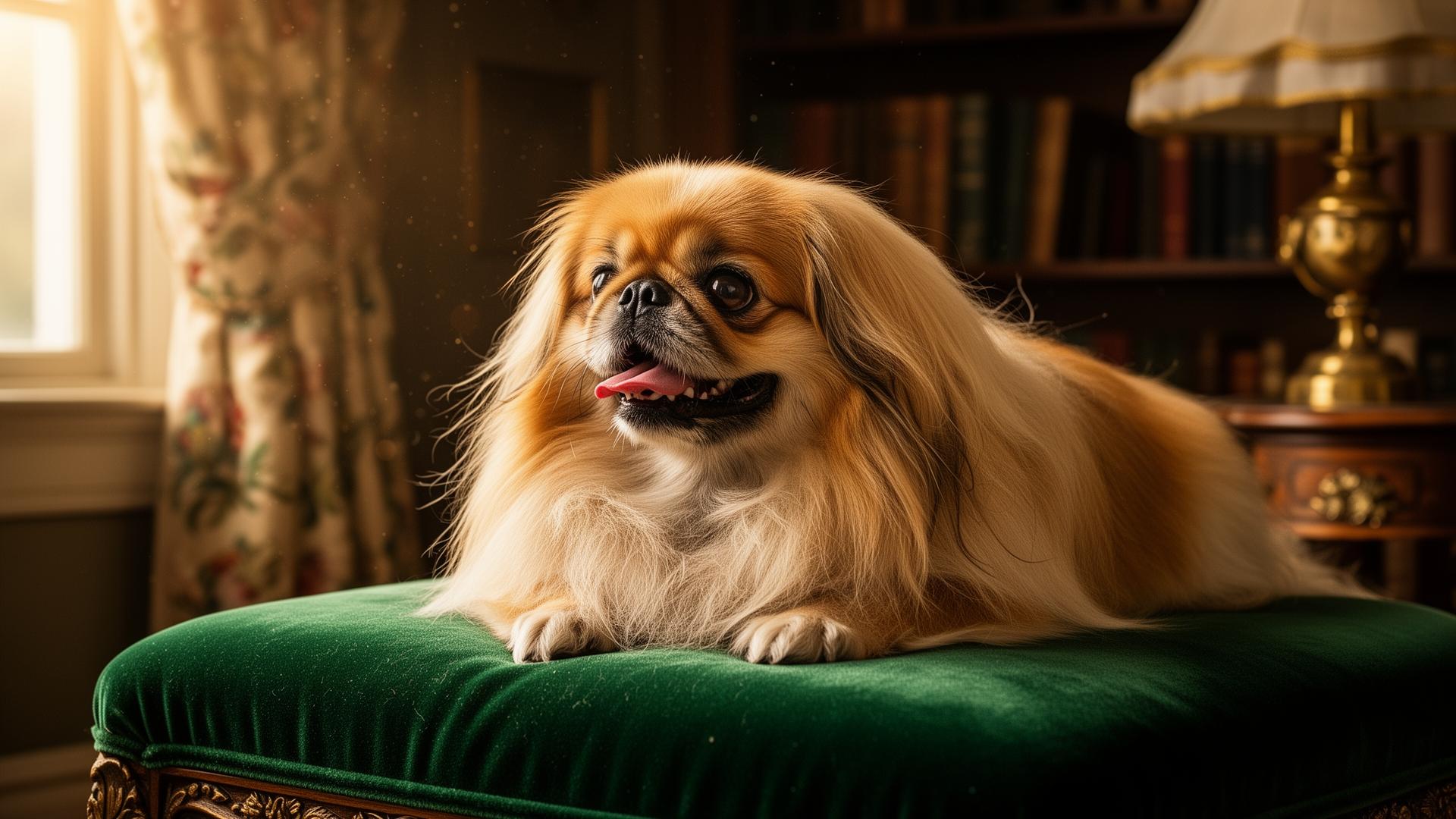 Long-coated golden Pekingese resting on an emerald-green velvet ottoman in a Victorian sitting room