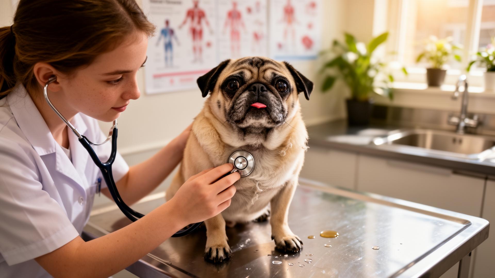 Young veterinarian using a stethoscope to listen to a fawn Pug's chest on a stainless steel exam table