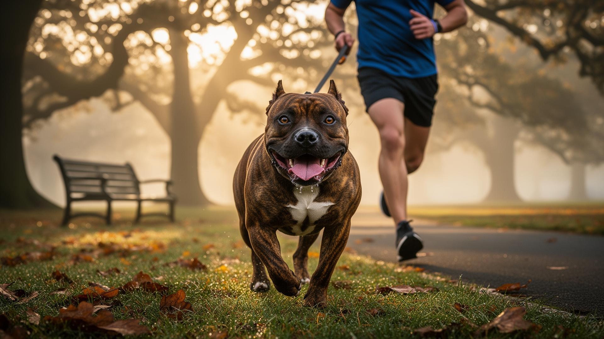 Brindle Staffordshire Bull Terrier trotting on a misty morning park path beside a jogger holding the lead