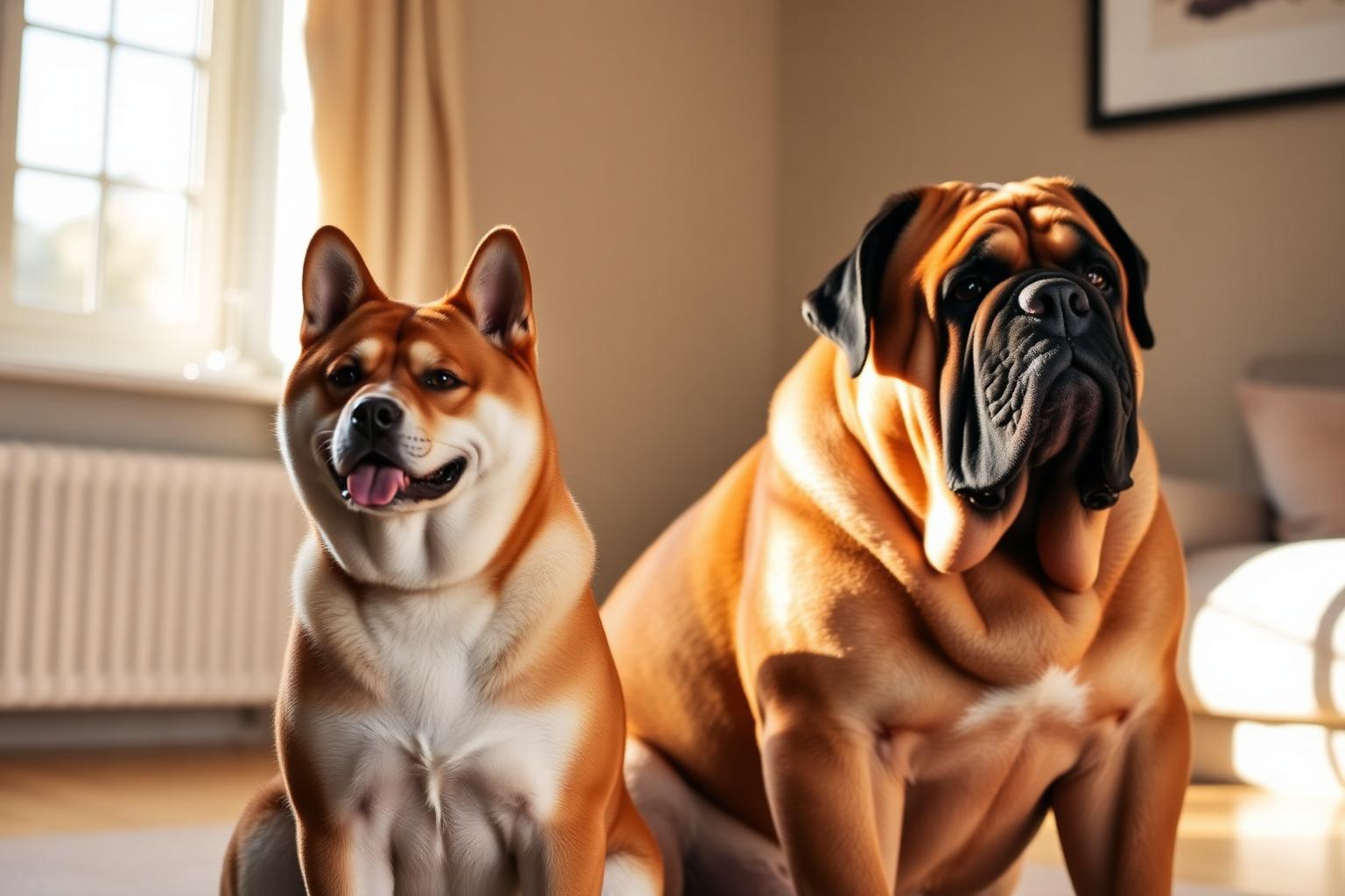 A Shiba Inu and a Mastiff sitting side by side, representing two different breed clades studied in 2026 cognition research
