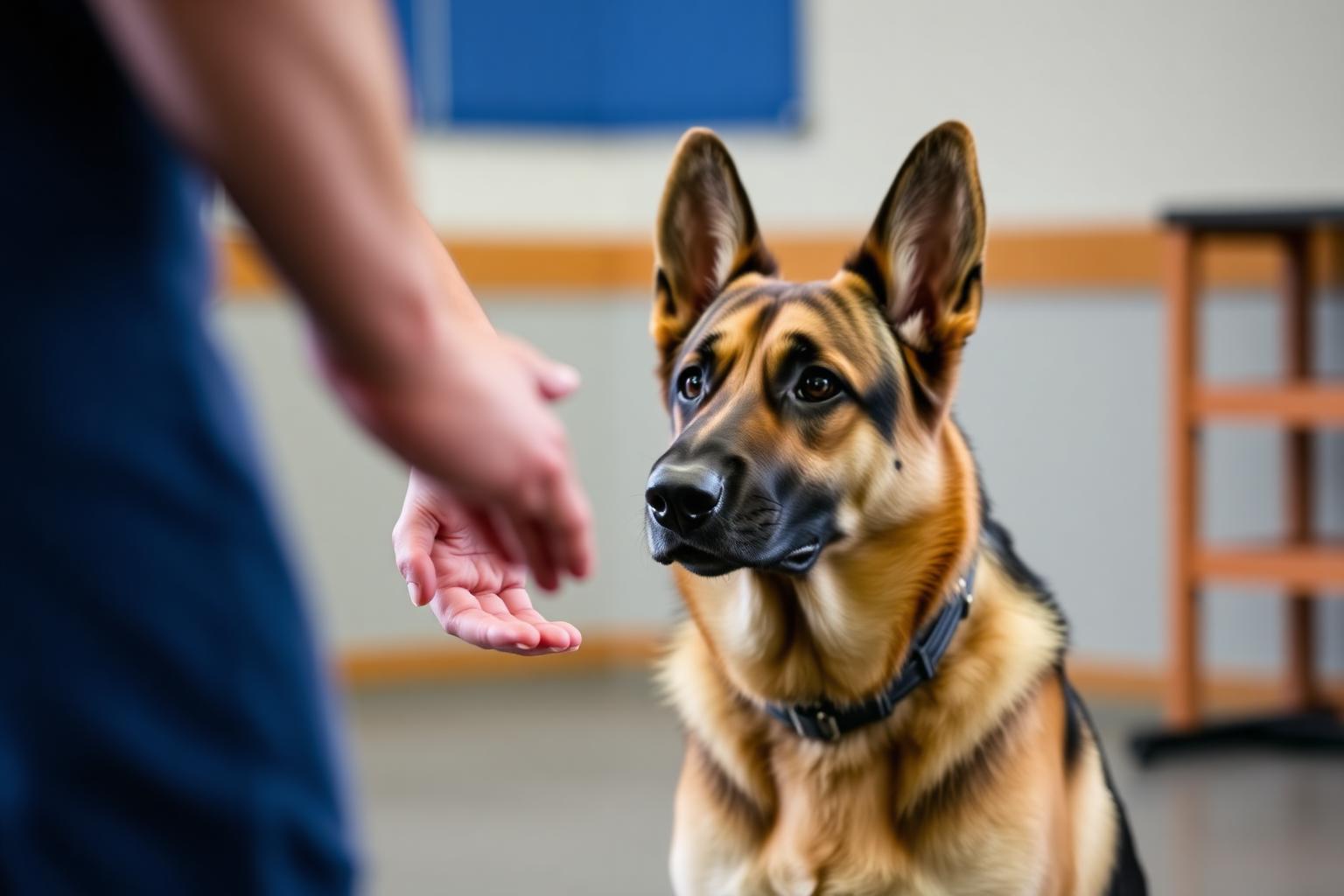 German Shepherd focused on owner's outstretched hand during a discrimination learning training session