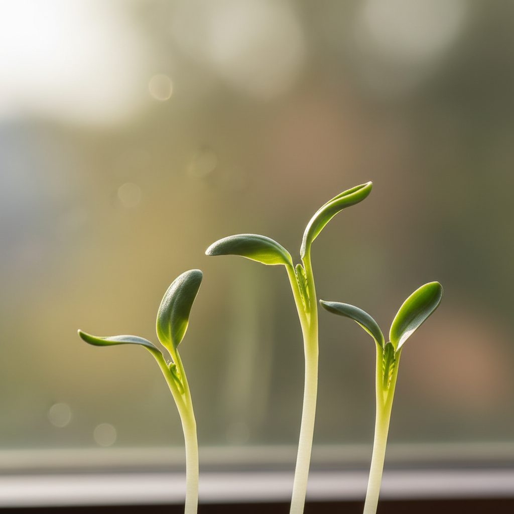 Close-up of three young green broccoli sprouts.