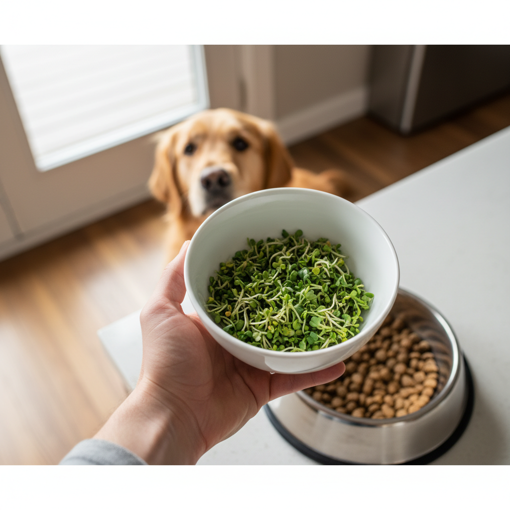 Hand holding finely chopped broccoli sprouts for a dog.