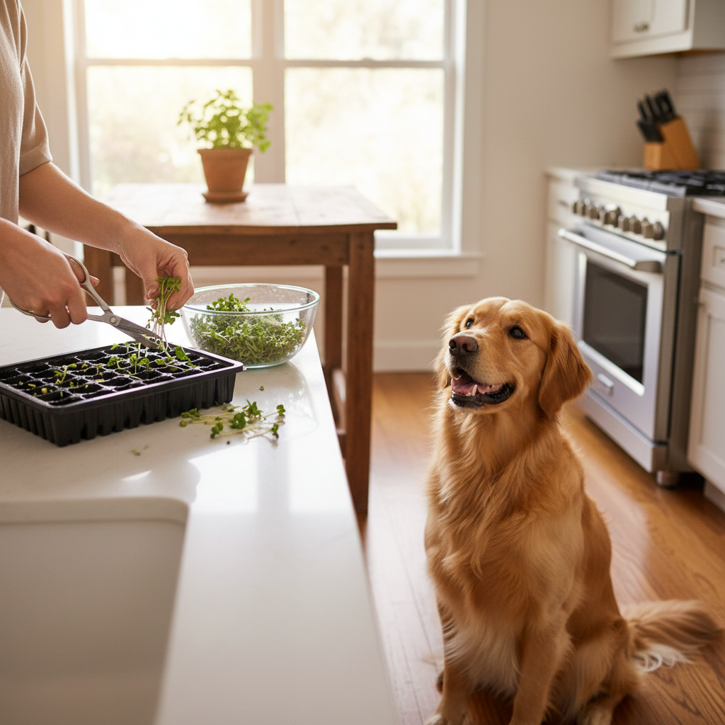 Person harvesting homegrown broccoli sprouts while a dog watches.