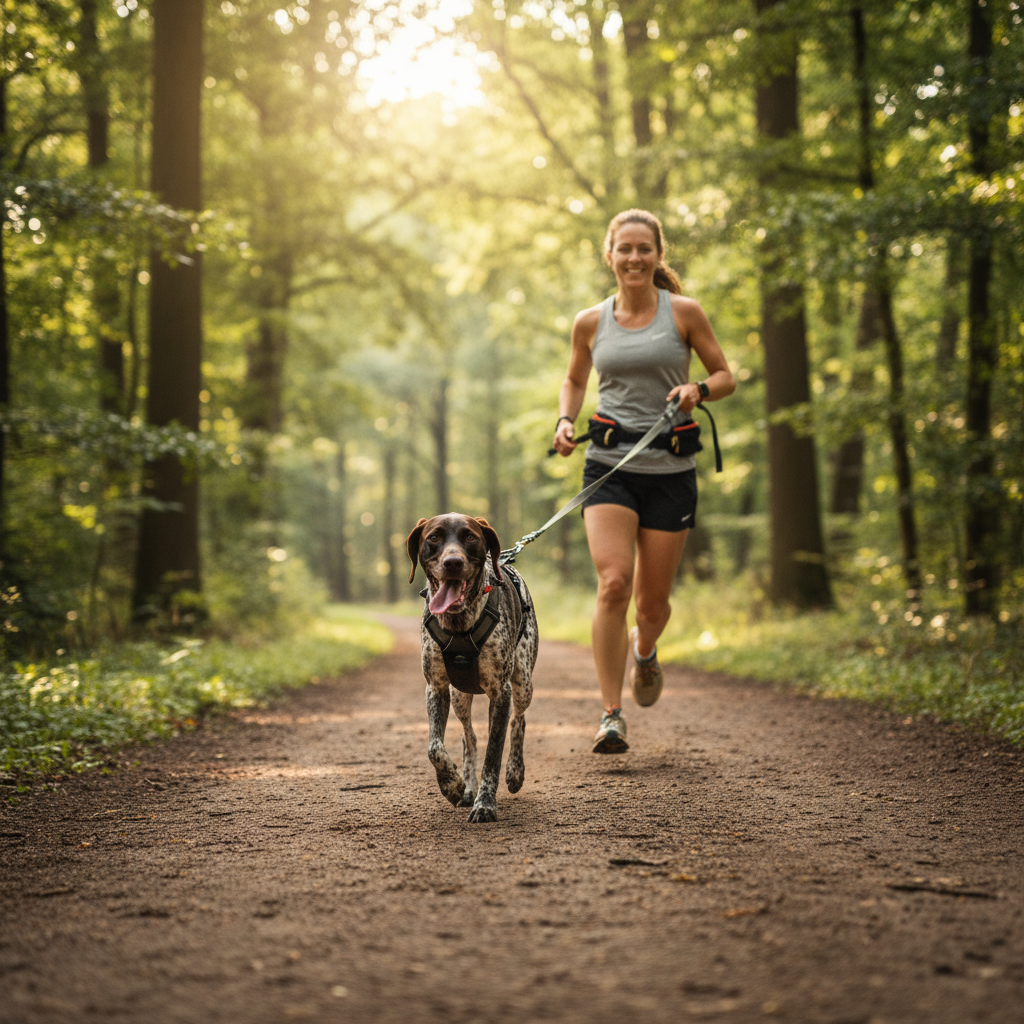 German Shorthaired Pointer happily leading a canicross runner on a trail.