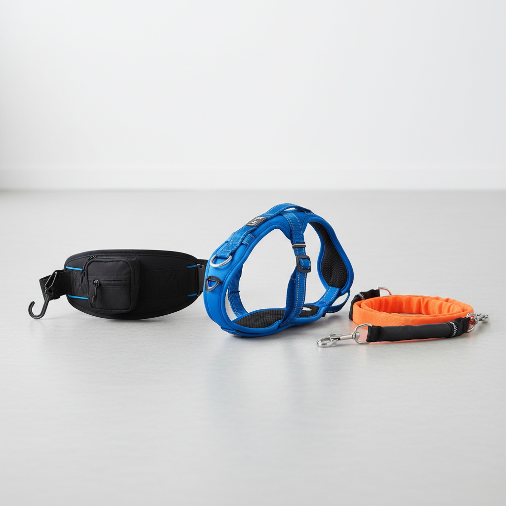 Essential canicross equipment: dog harness, bungee line, and human waist belt.