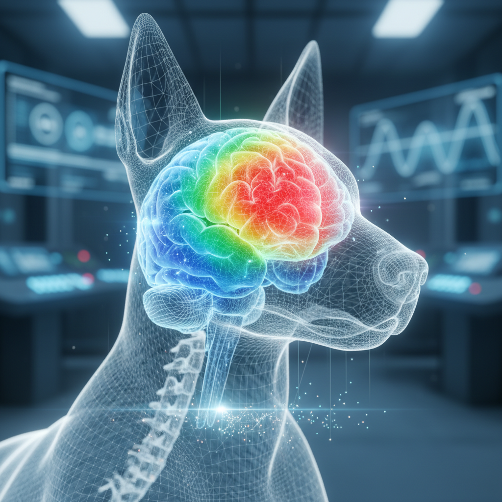 Advanced MRI scan showing detailed canine brain structures and potential biomarkers for cognitive decline.