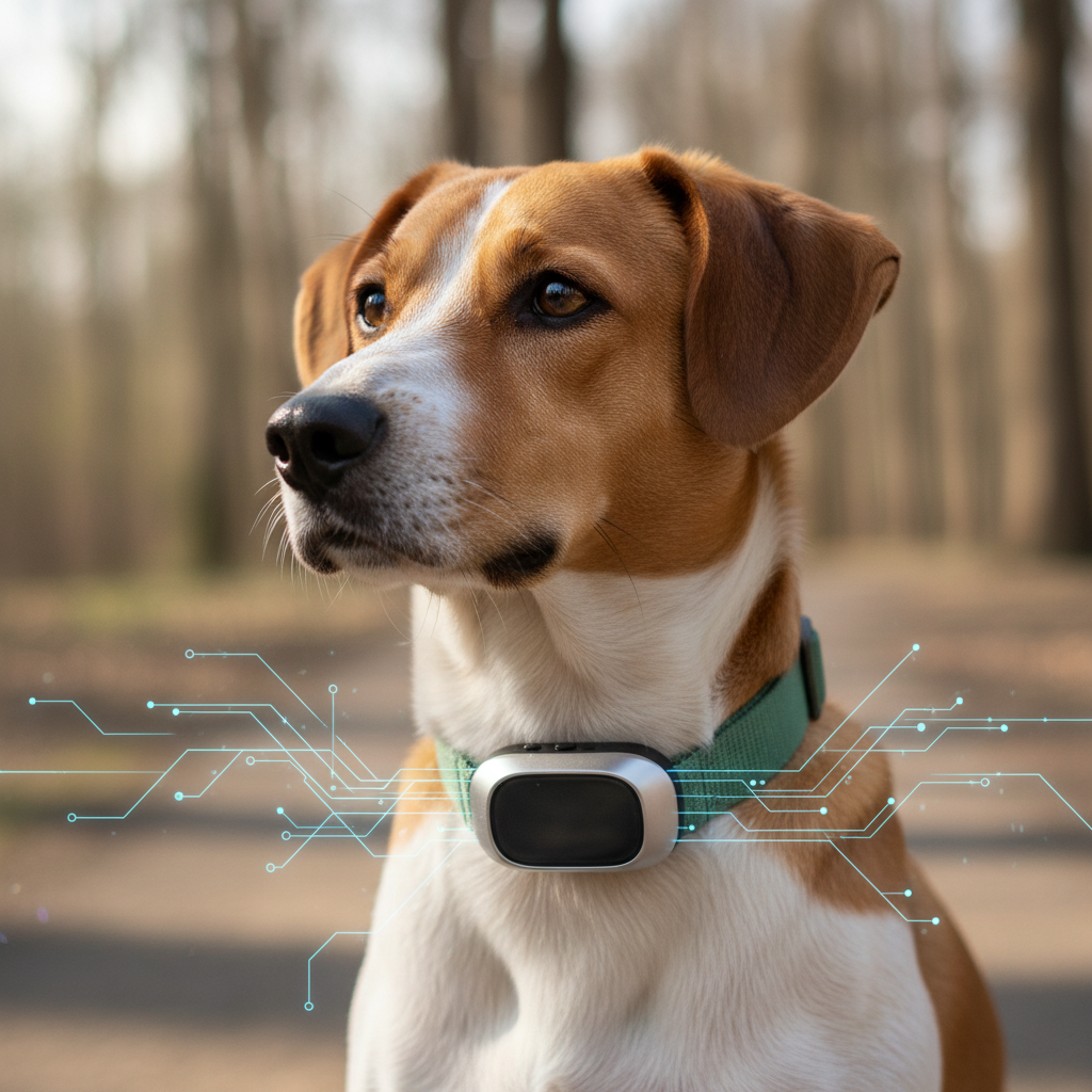 Close-up of a dog wearing a high-tech collar device, representing the 'Sundowner Test' monitoring for canine cognitive dysfunction.