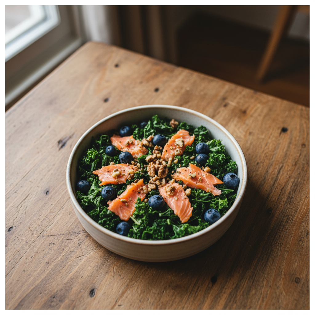 A visually appealing dog bowl with a healthy MIND diet meal of salmon, berries, and vegetables, symbolizing canine brain nutrition.