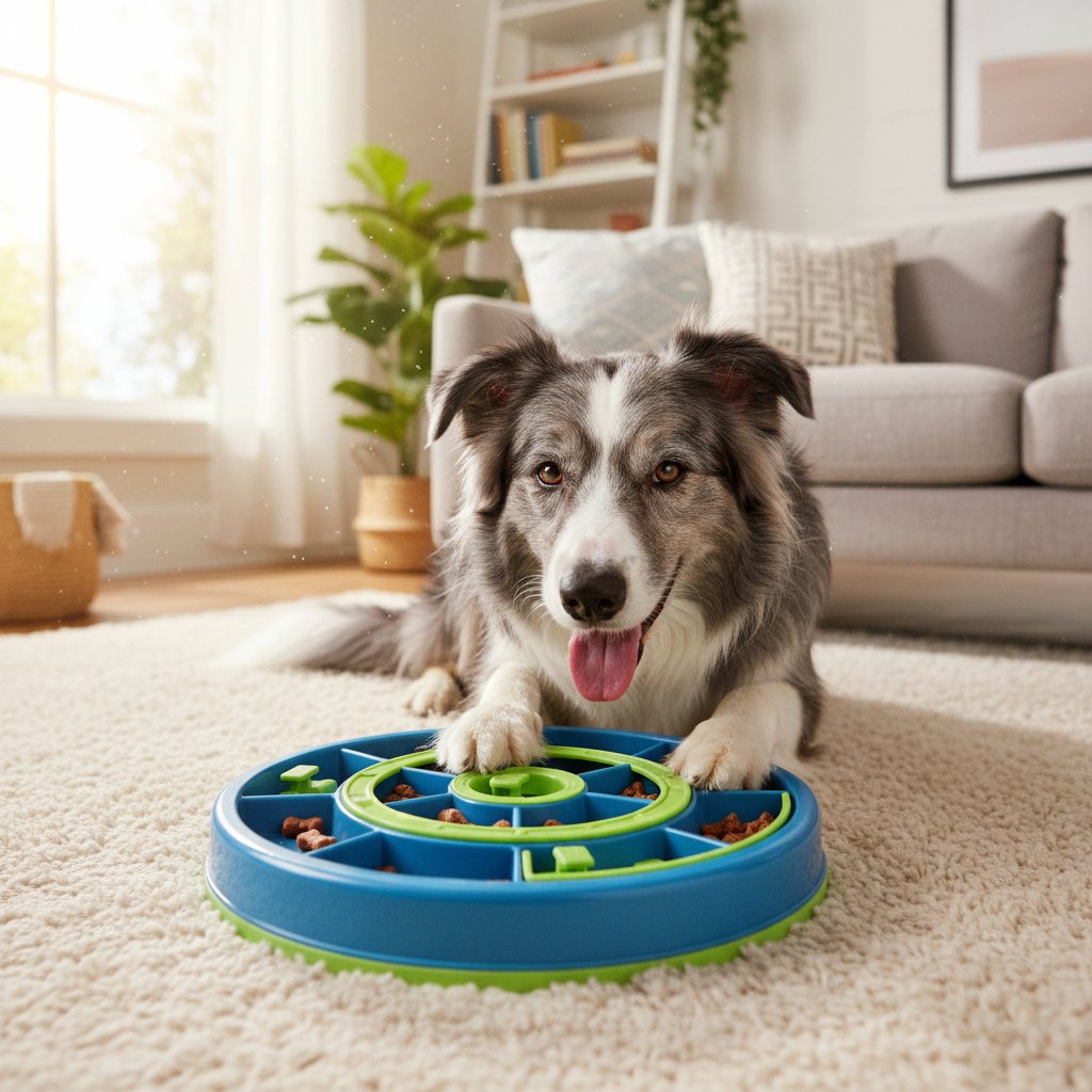 A smart senior dog playing with a puzzle feeder toy, demonstrating mental enrichment for canine cognitive dysfunction.