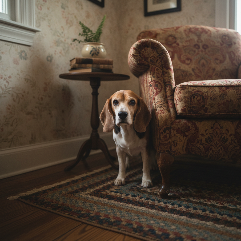 A confused senior beagle dog stuck behind furniture, showing early signs of canine cognitive dysfunction.