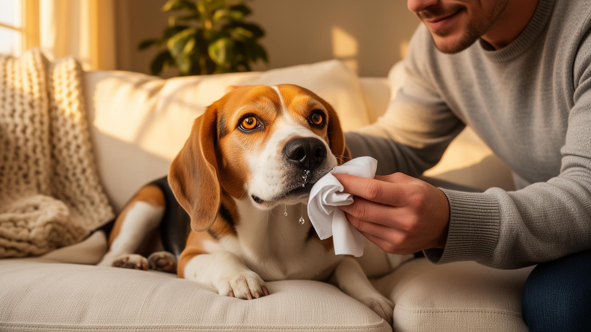 Owner gently wiping a runny nose from a tricolor Beagle on a sunlit sofa
