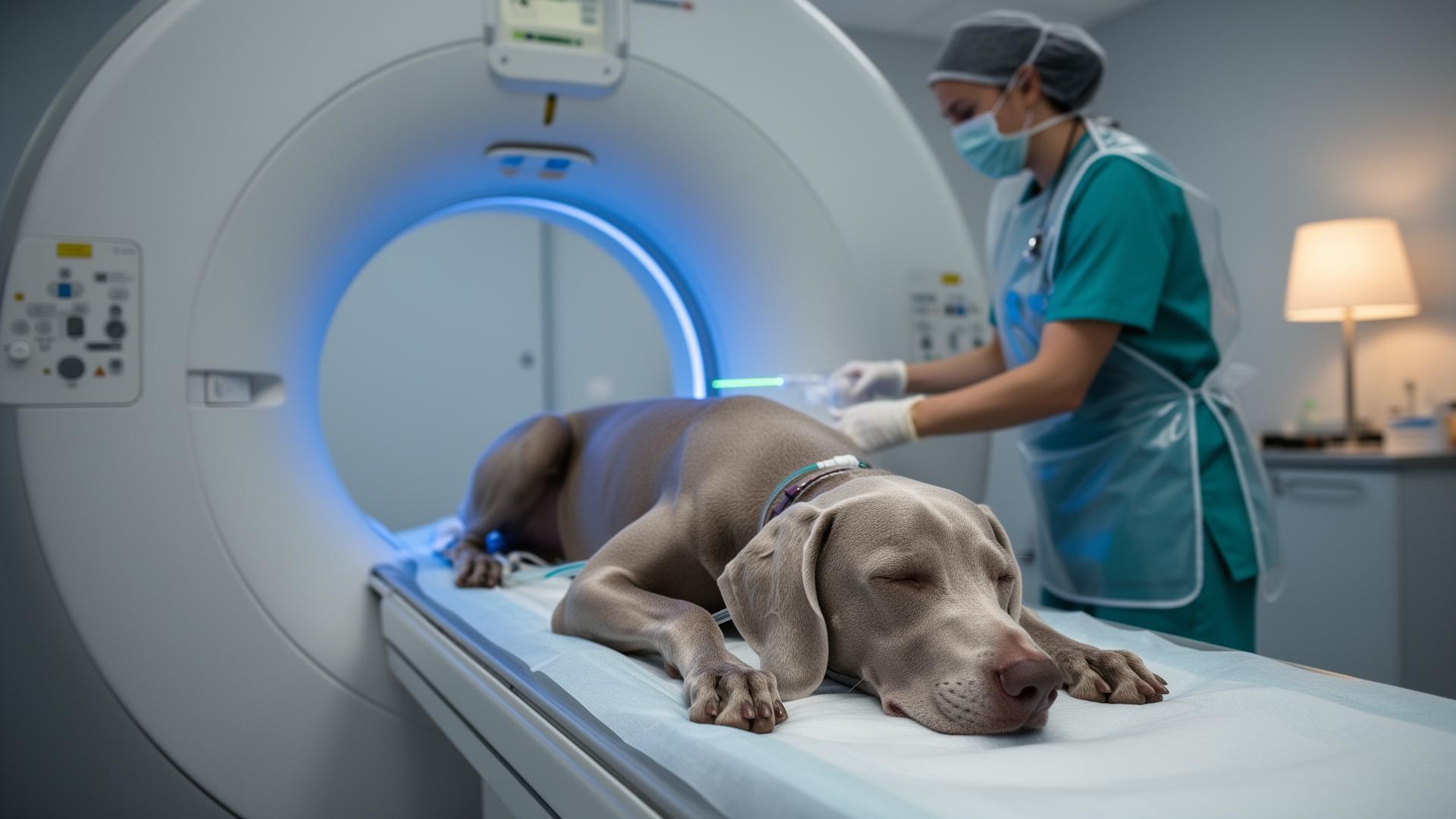 Sedated Weimaraner positioned in a CT scanner with a veterinary technician adjusting alignment