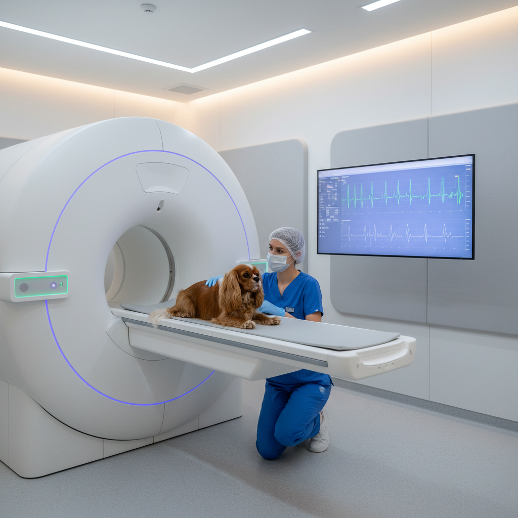 Cavalier King Charles Spaniel undergoing a low-field MRI scan in a modern veterinary clinic.