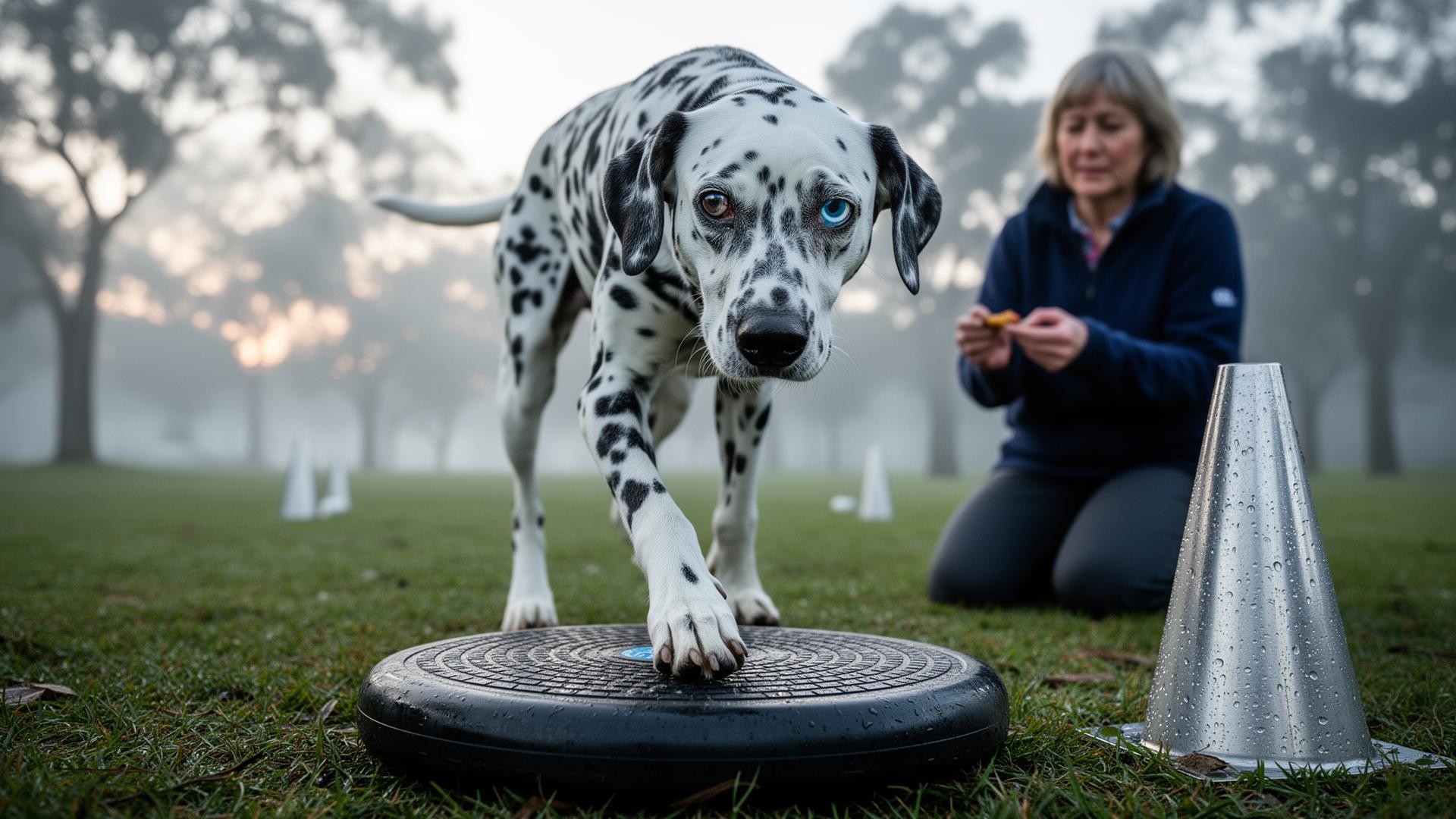 A senior dog in the physical structured training protocol — low-impact balance work twice weekly was associated with improved sleep scores.