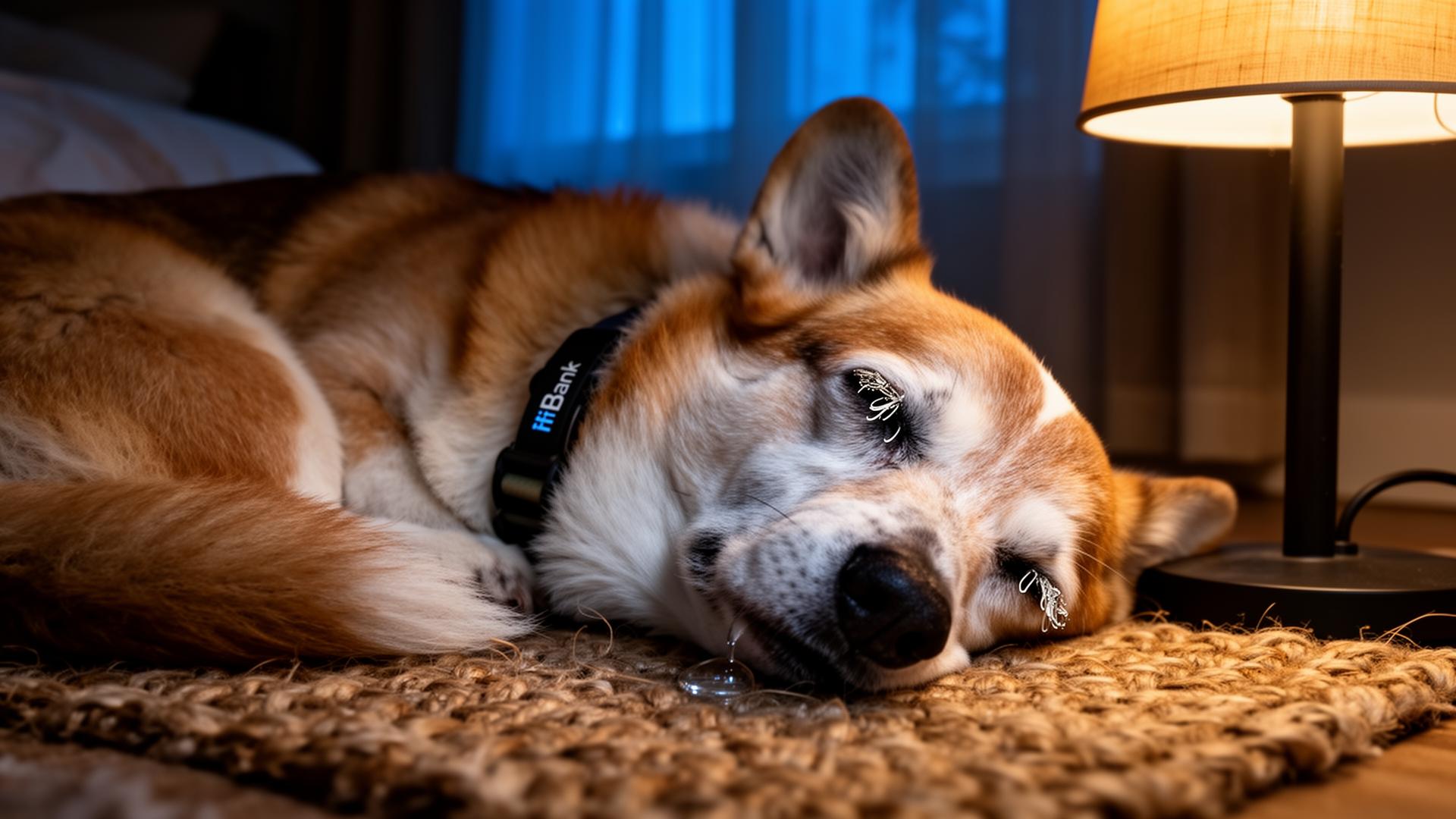Elderly Pembroke Welsh Corgi sleeping deeply on a jute rug beside a warm bedside lamp at night