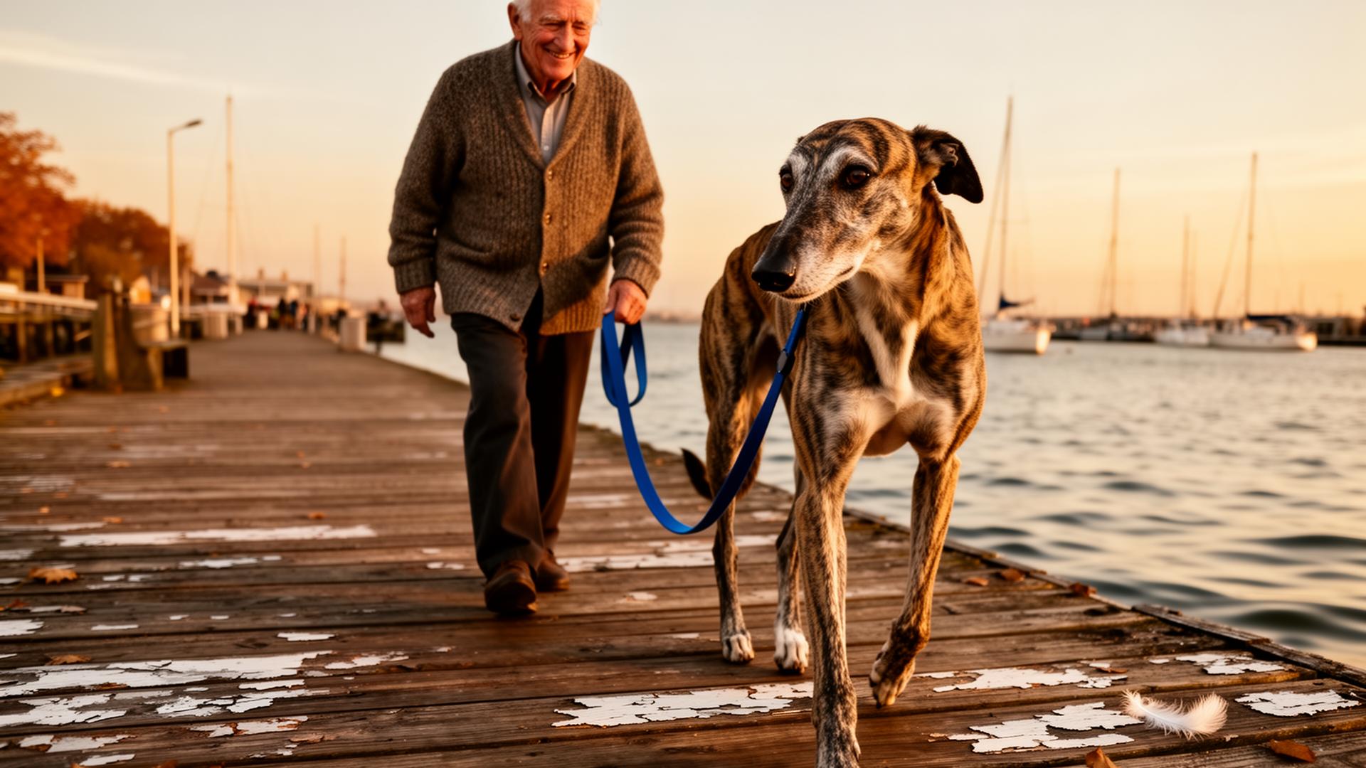 Senior brindle Greyhound walking beside an elderly man in a wool cardigan on a weathered boardwalk at golden hour