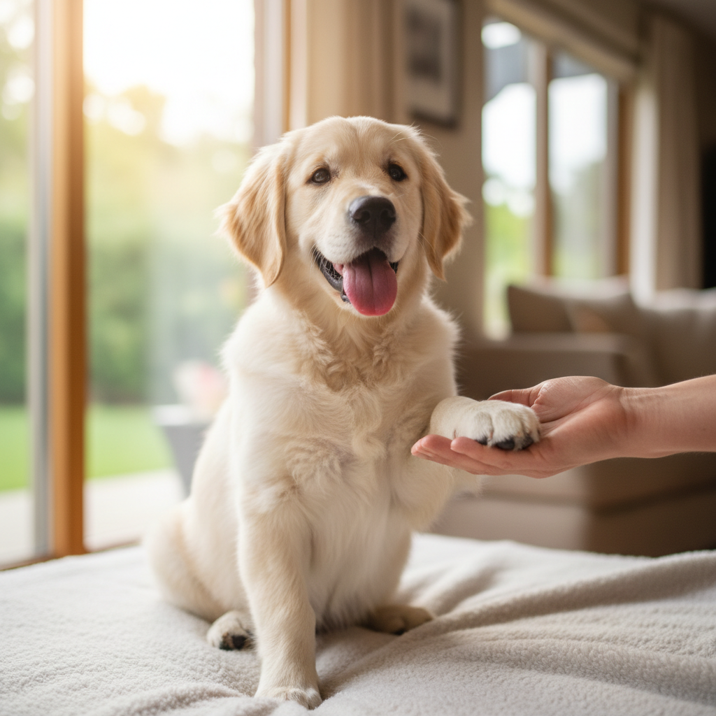 A puppy willingly offering its paw for cooperative care training.