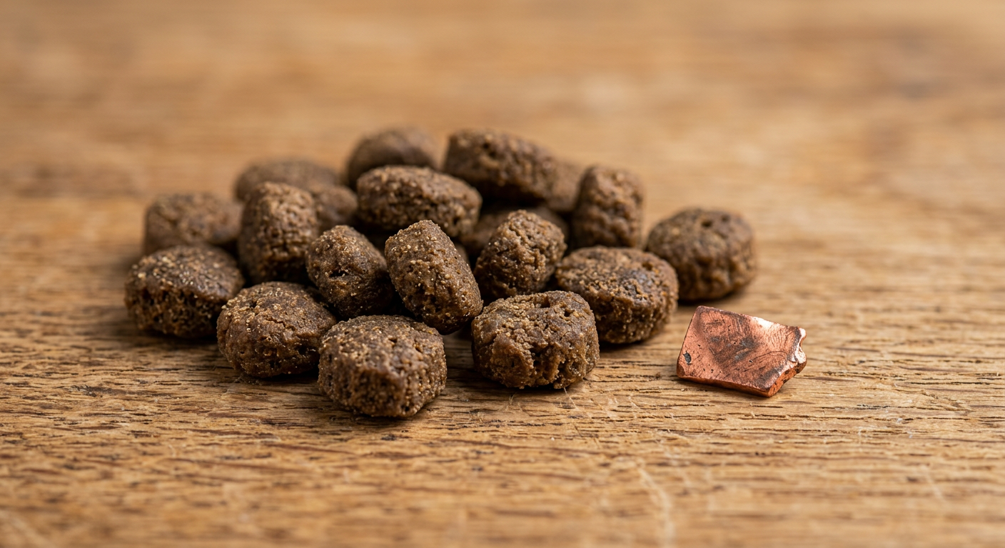 Close-up of brown dry dog kibble next to a small copper-colored chip illustrating copper content in commercial pet food