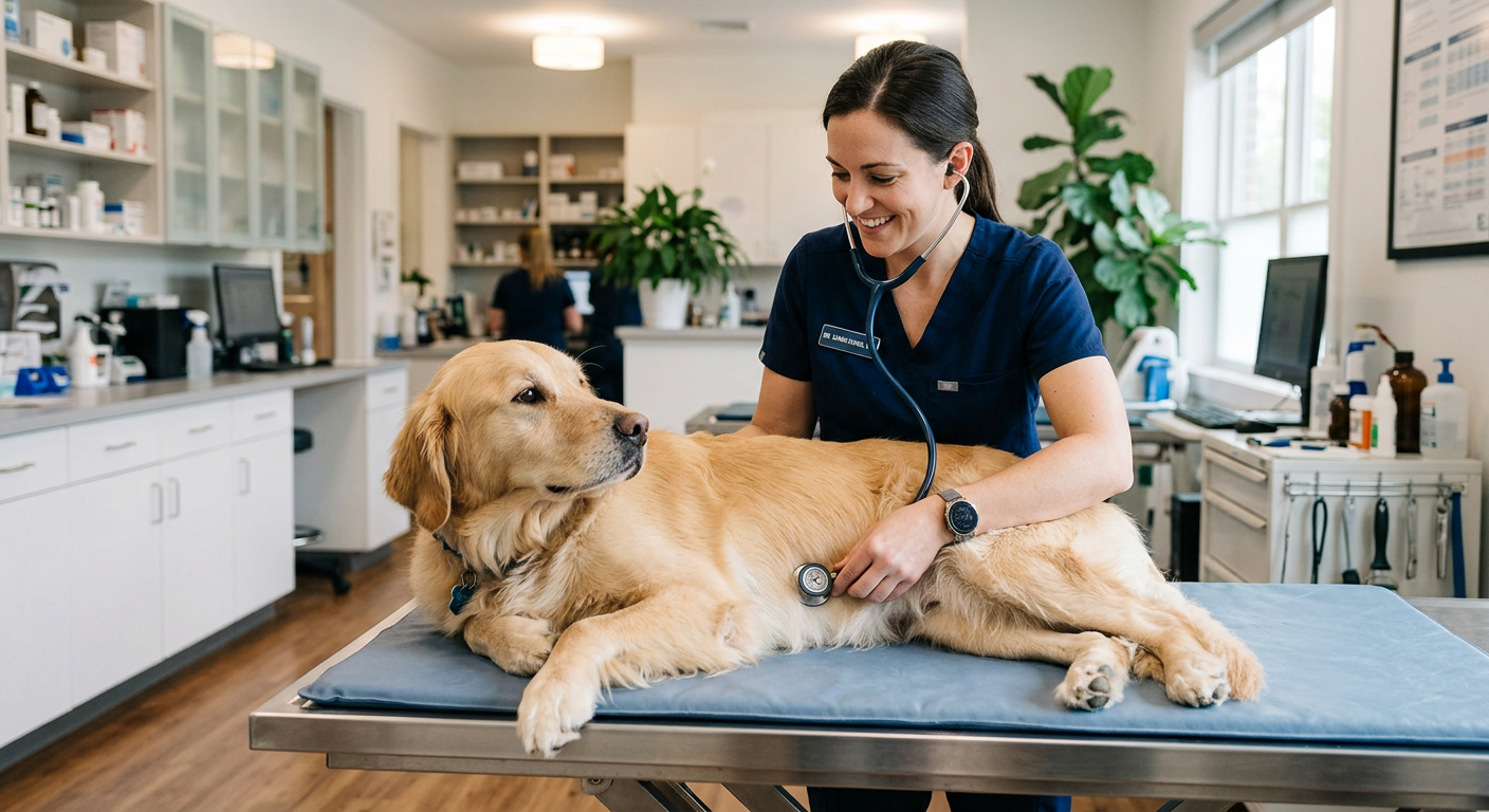 Veterinarian in scrubs examining a calm golden retriever with a stethoscope in a modern clinic