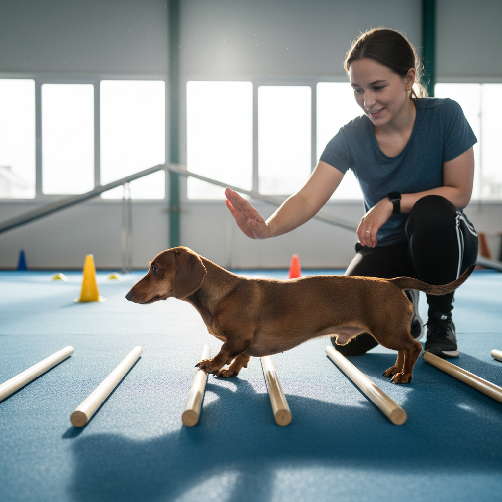 Dachshund performing cavaletti walks for core strengthening