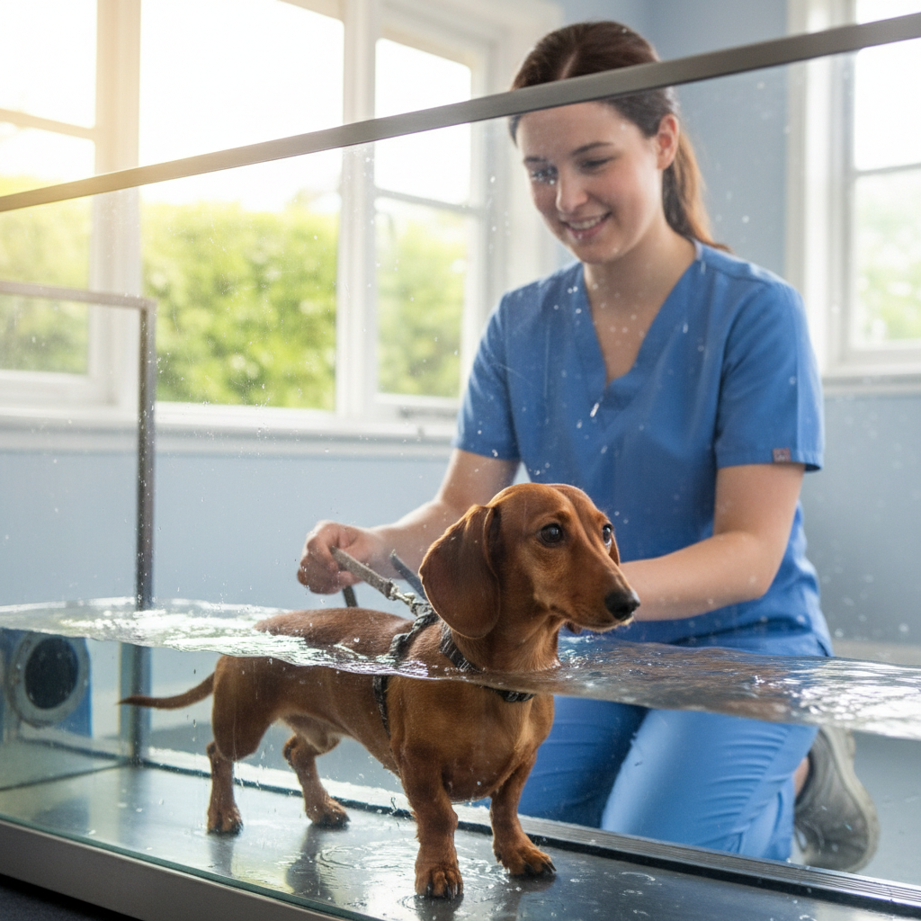 Miniature Dachshund in an underwater treadmill for IVDD rehabilitation