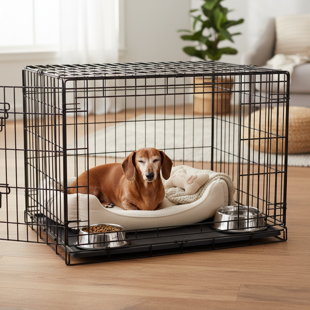 Dachshund resting comfortably in a soft, clean crate during recovery