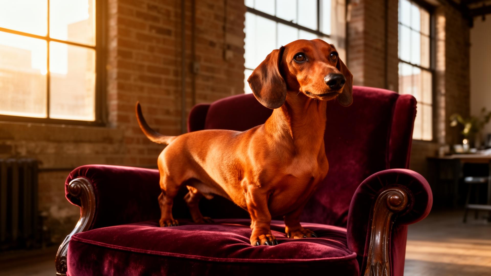 A red smooth-coat Dachshund standing on a burgundy velvet armchair in a sunlit Brooklyn loft.