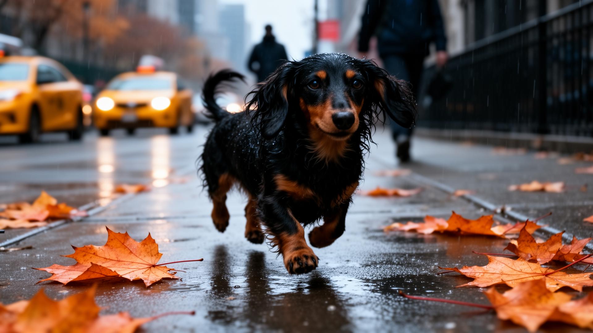 A long-haired black-and-tan miniature Dachshund running on a rainy city sidewalk among autumn leaves.