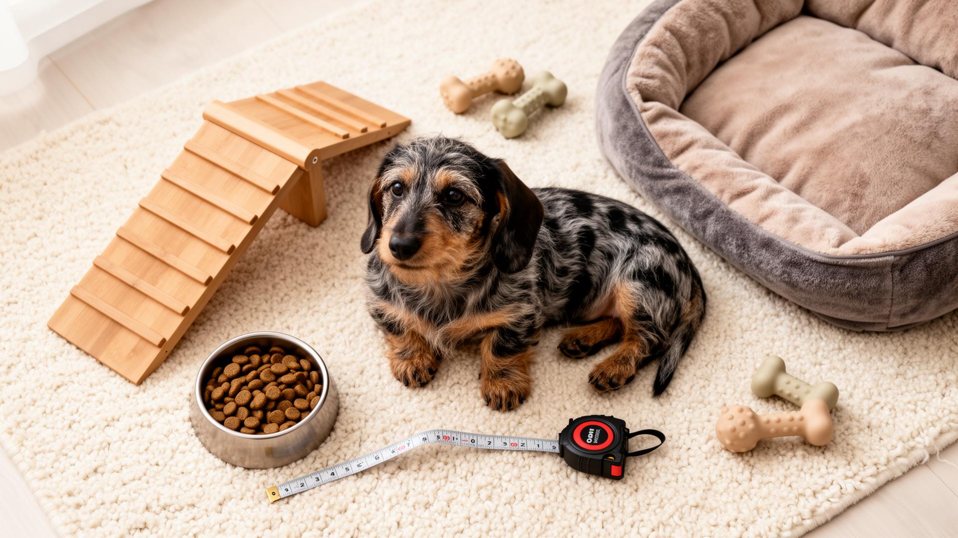 A wire-haired dapple Dachshund puppy on a cream Berber rug with a wooden ramp, plush bed, food bowl, toys, and tape measure.