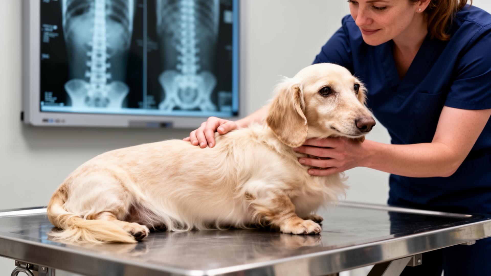 A senior cream long-haired Dachshund being examined by a veterinarian, with spinal x-rays visible on a viewing screen behind them.