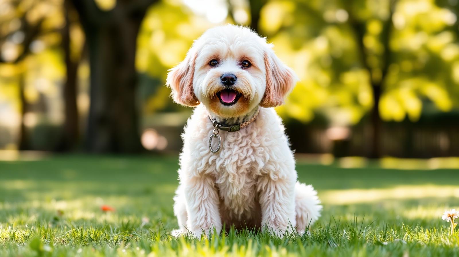 Cream Cockapoo sitting on grass in a sunny park