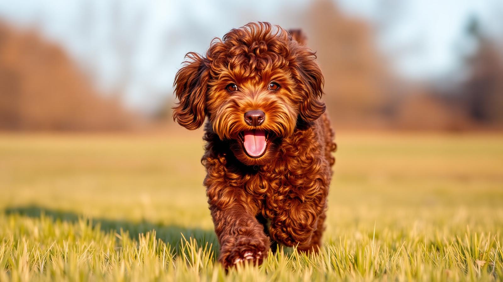 Chocolate Goldendoodle running joyfully across a grassy field at golden hour