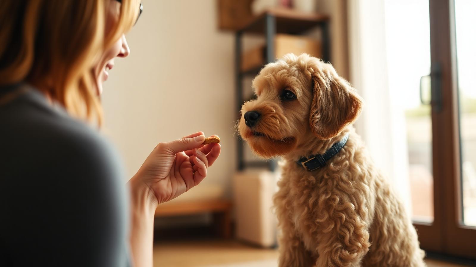 Owner training a Labradoodle puppy with a treat indoors